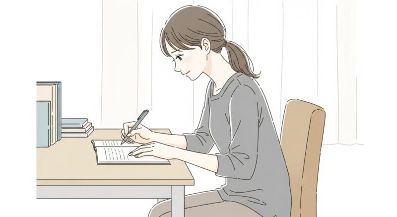 自分の感情と向き合い、ノートに心の整理をする女性のイラスト