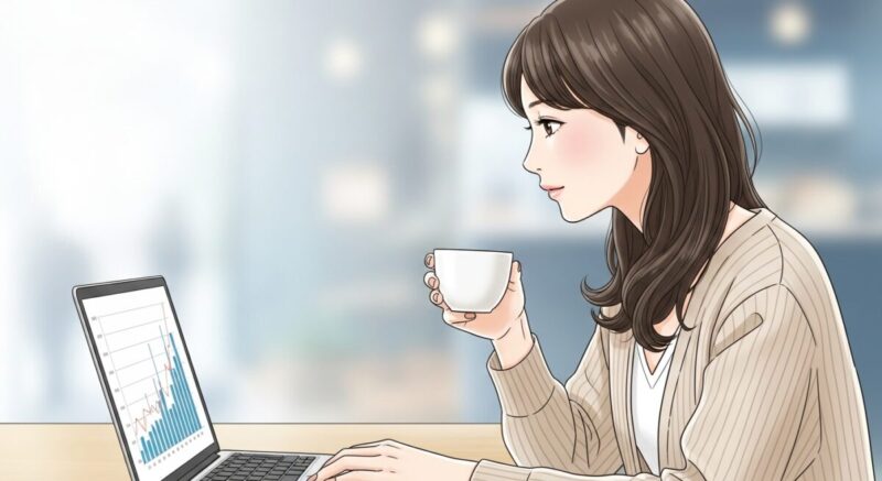コーヒーを片手に、データグラフが載ったノートパソコンの画面を眺めながら悩む日本人女性。
