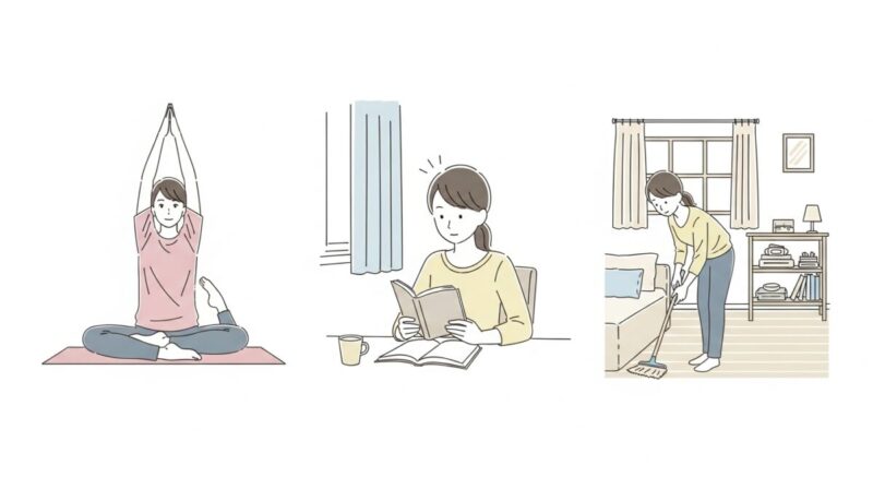 生活習慣やスキルアップに励む女性の日常の断片を描いたイラスト