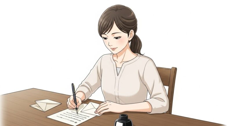 机に向かい、自分の気持ちを丁寧に手紙に綴っている日本人女性。