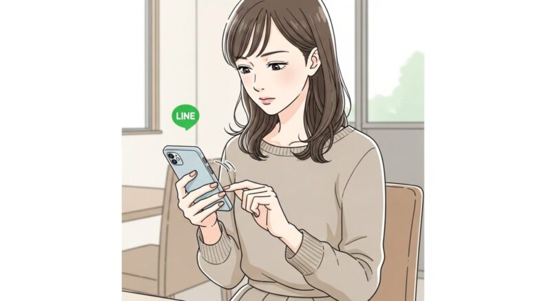スマホを見つめながらLINEのメッセージを慎重に打つ女性のイラスト