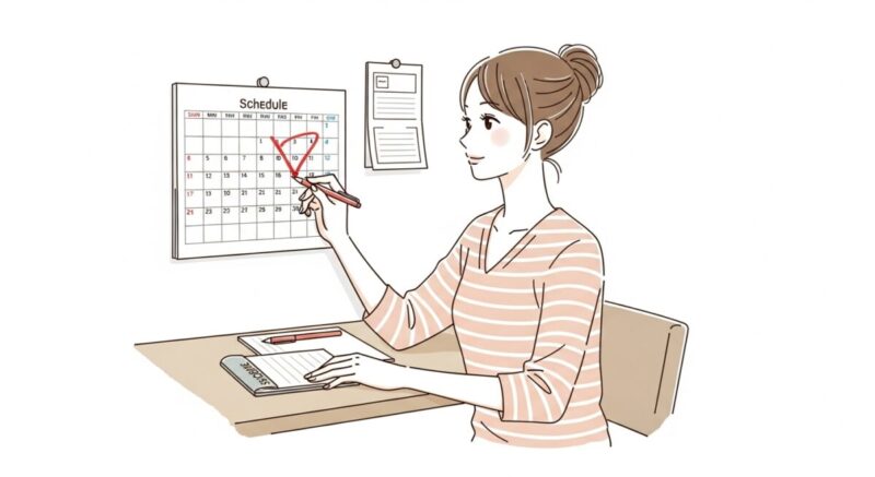 カレンダーを前に、日数に印をつけながらスケジュールを考えている日本人女性。