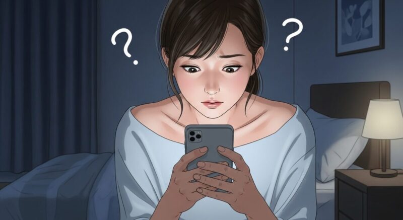 スマホを両手で握りしめ、不安げにメッセージを送る前に迷っている日本人女性。