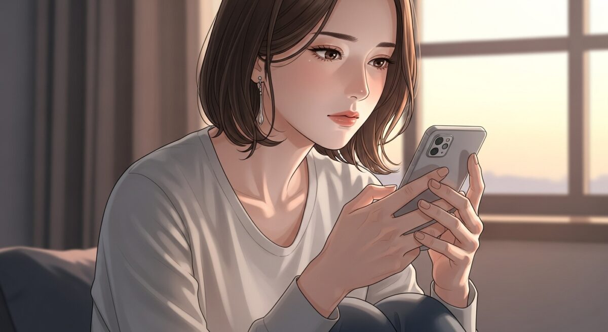 窓際に座り、スマートフォンを見つめながら悩む表情の日本人女性。夕暮れの柔らかい光に包まれた落ち着いた雰囲気。