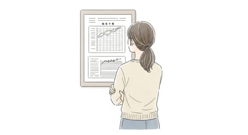 壁に貼られたチャートをじっと見つめる、日本人女性の後ろ姿。優しい色調のイラストで、悩みながらも前向きな決意を感じさせる構図。