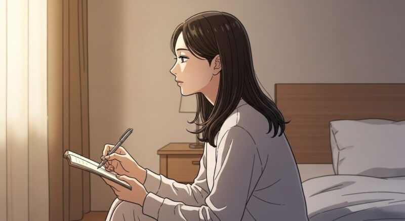ベッドに腰掛けてノートに「自分の気持ち」を書き出している女性の横顔。穏やかな表情で考え込んでいる様子。