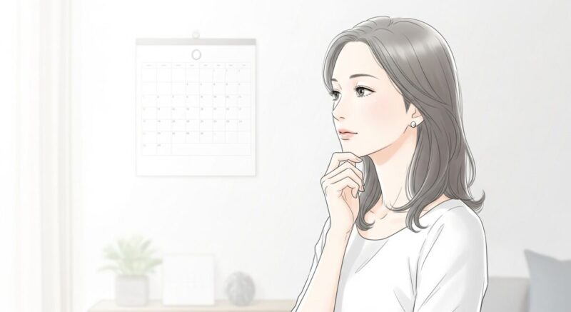 壁のカレンダーを見つめながらスマホをそっと手に取る女性。計画的にタイミングを考えている表情。