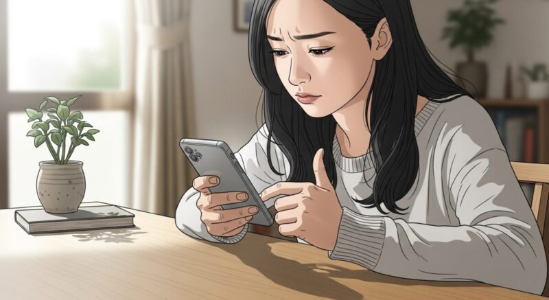 スマホ画面を見ながら一文ずつ入力している様子の日本人女性。指先は慎重に動き、画面には迷いが表れている。