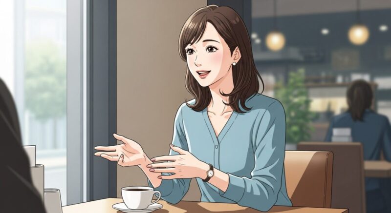 カフェの窓際でコーヒーを前に微笑みながら話す日本人女性。相手は写っていないが、前向きな空気が伝わる構図。