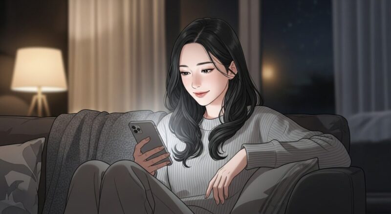 夜のリビングでスマホを見ながらほっとした笑みを浮かべる女性。返事が来た瞬間の安堵が感じられる。