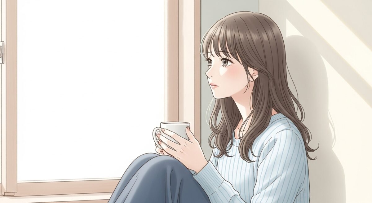 静かな部屋で、窓際に座って物思いにふける日本人女性。優しい光に包まれながら、過去を見つめ直している様子。