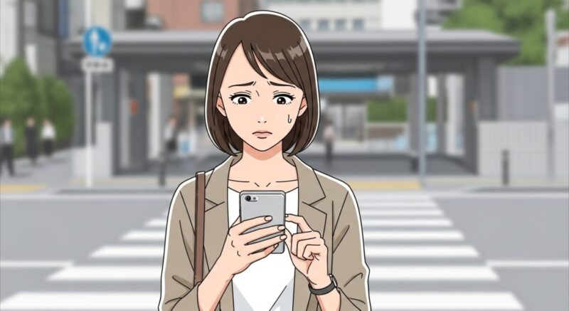 スマホを見つめながら立ち止まる女性。返信のない画面に不安を抱いている様子。