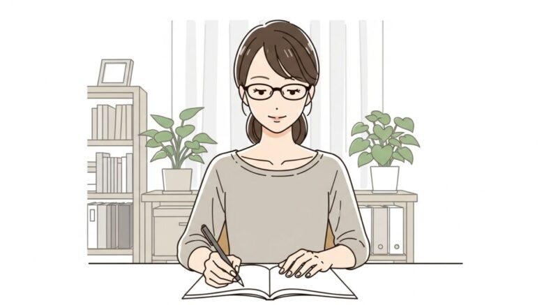 机の上にノートを広げ、静かに自分の気持ちを整理している女性。