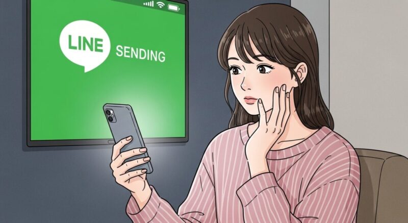 LINEの送信画面を前に悩んでいる女性。文章を何度も見直しているような表情。