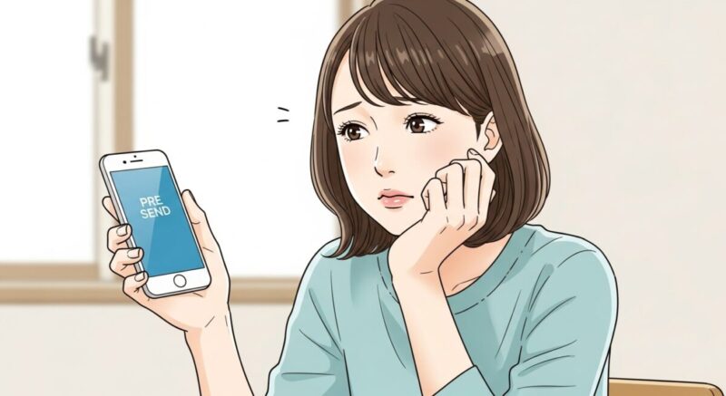 スマホを手に、送るか迷って指が止まっている女性。葛藤が表情に表れている。