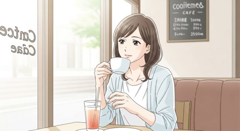 ゆったりとしたカフェで会話を振り返っている女性。少しほっとした笑みを浮かべている。