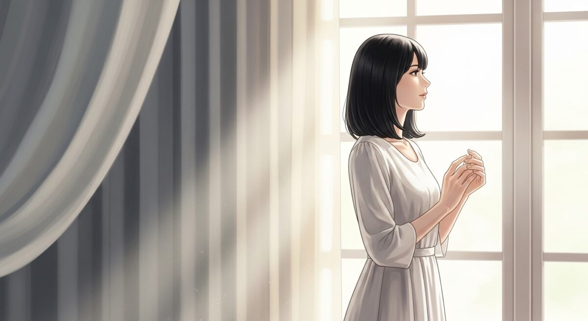 喧嘩別れから自己改善を経て再びつながった女性の物語を象徴する、柔らかな光に包まれた日本人女性の後ろ姿