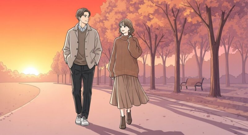 夕暮れの公園で並んで歩く男女を後ろから見守る構図