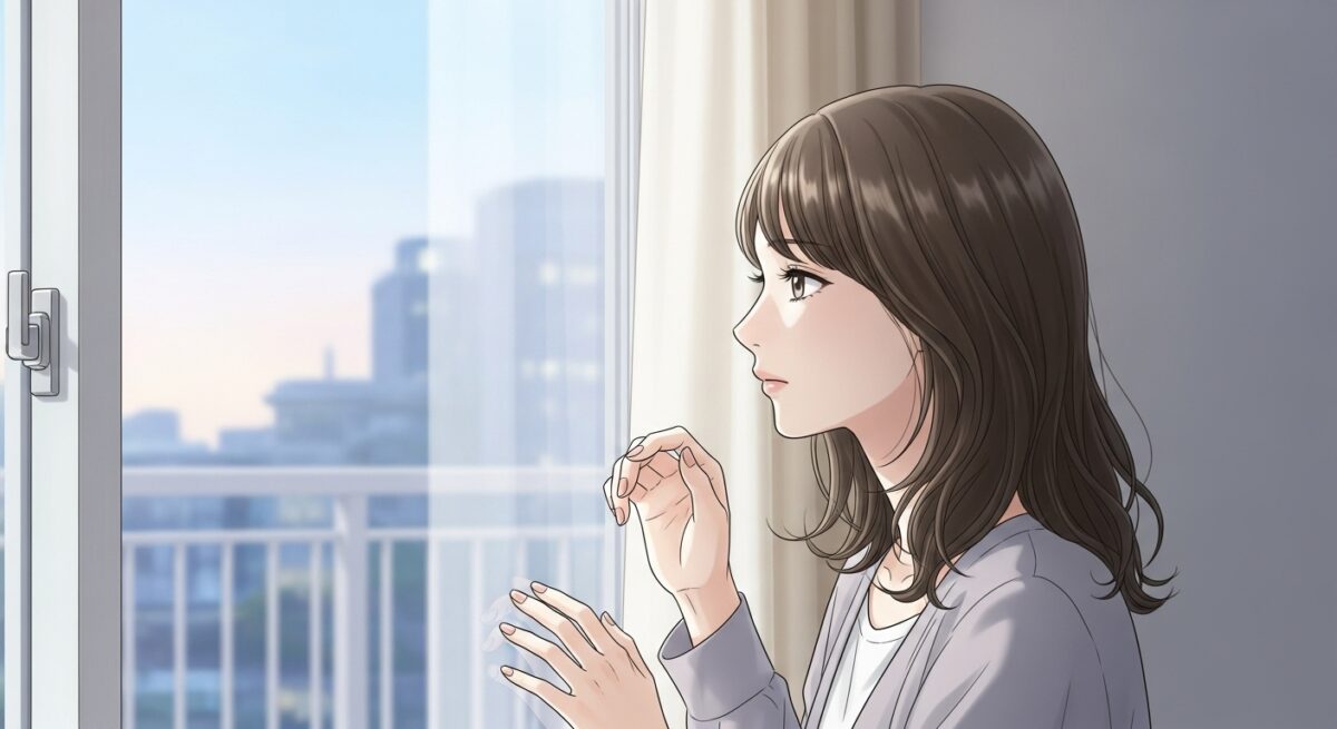 喧嘩別れの後、窓辺で物思いにふける日本人女性の繊細なイラスト