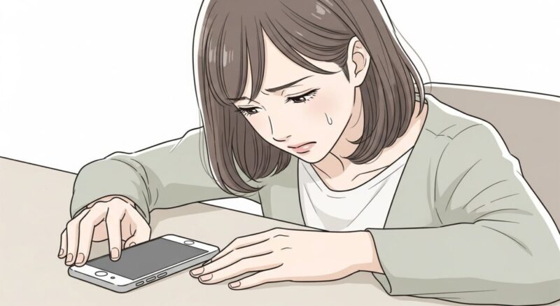 喧嘩後、感情的な表情でスマホを伏せる女性のイラスト