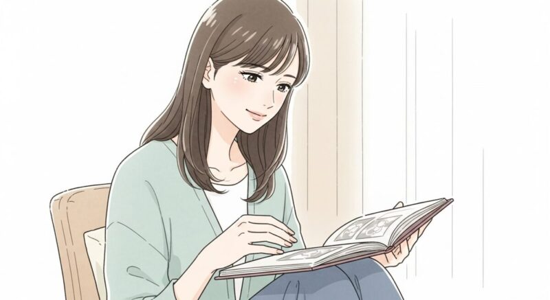 部屋でひとりアルバムを開き、思い出にふける女性のイラスト