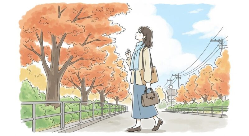 散歩中、立ち止まり何かを思い出すように空を見上げる女性のイラスト