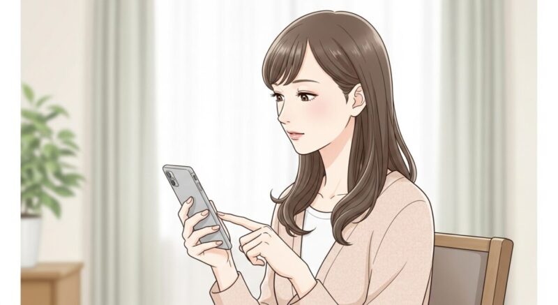 スマホの画面を見つめながら送信に迷う女性のイラスト