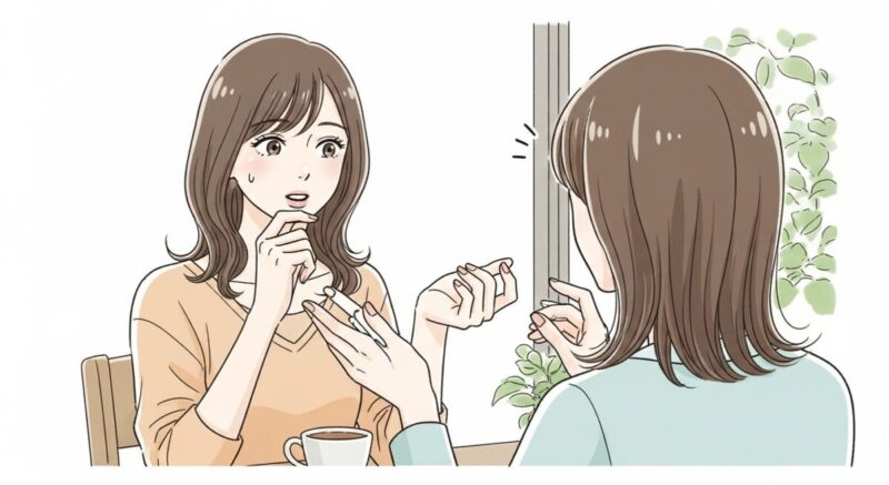 共通の友人とカフェで会話している女性のイラスト