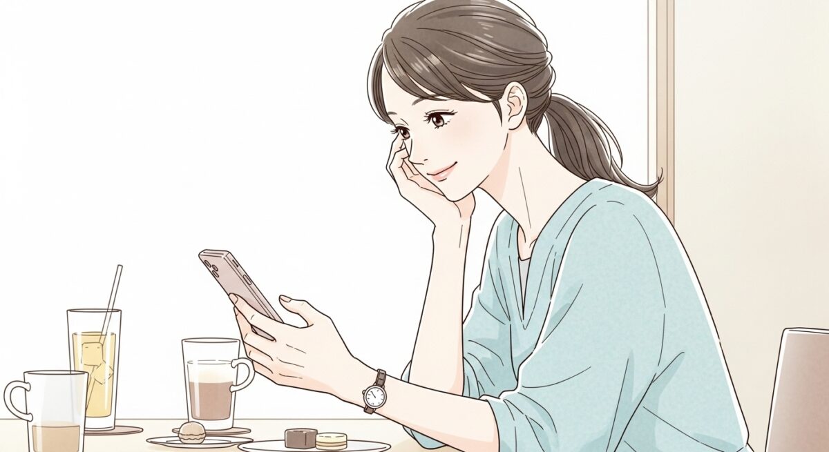 SNSを通じて自分の変化を発信し、再びつながりを取り戻した女性を描いた落ち着いた雰囲気のイラスト
