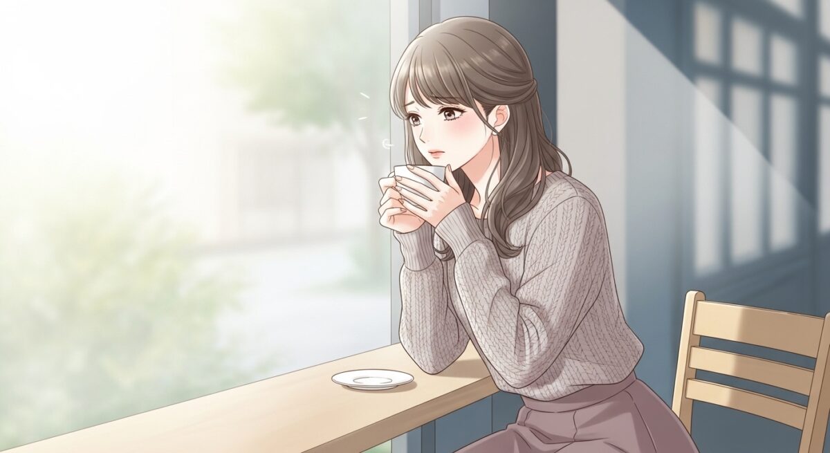 落ち着いた雰囲気の中、未来を見つめるような表情の日本人女性のイラスト