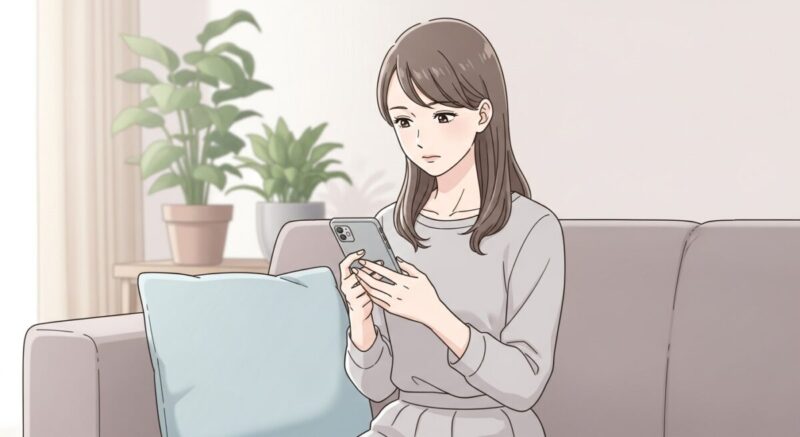 スマホを手に持ちつつ、送信するかどうか悩んでいる日本人女性のイラスト