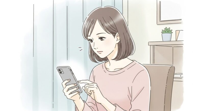 スマホを手にしながら、送信を迷っている女性のイラスト