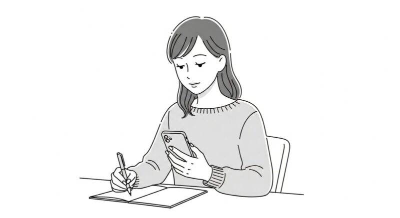 謝罪メッセージを丁寧に書いている女性のイラスト