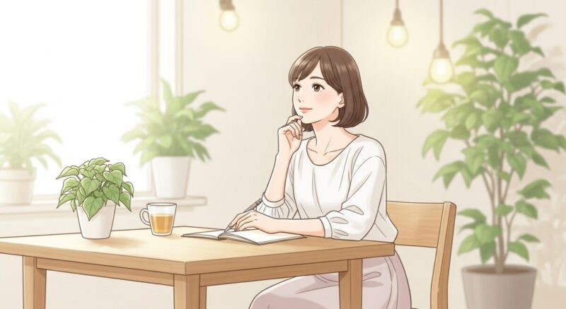 穏やかな雰囲気で対話の準備を整えている日本人女性のイラスト