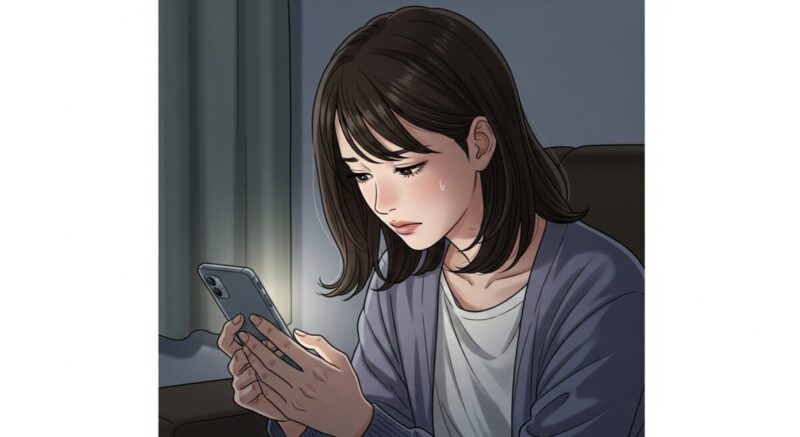 過去のLINE履歴を見て反省している女性のイラスト