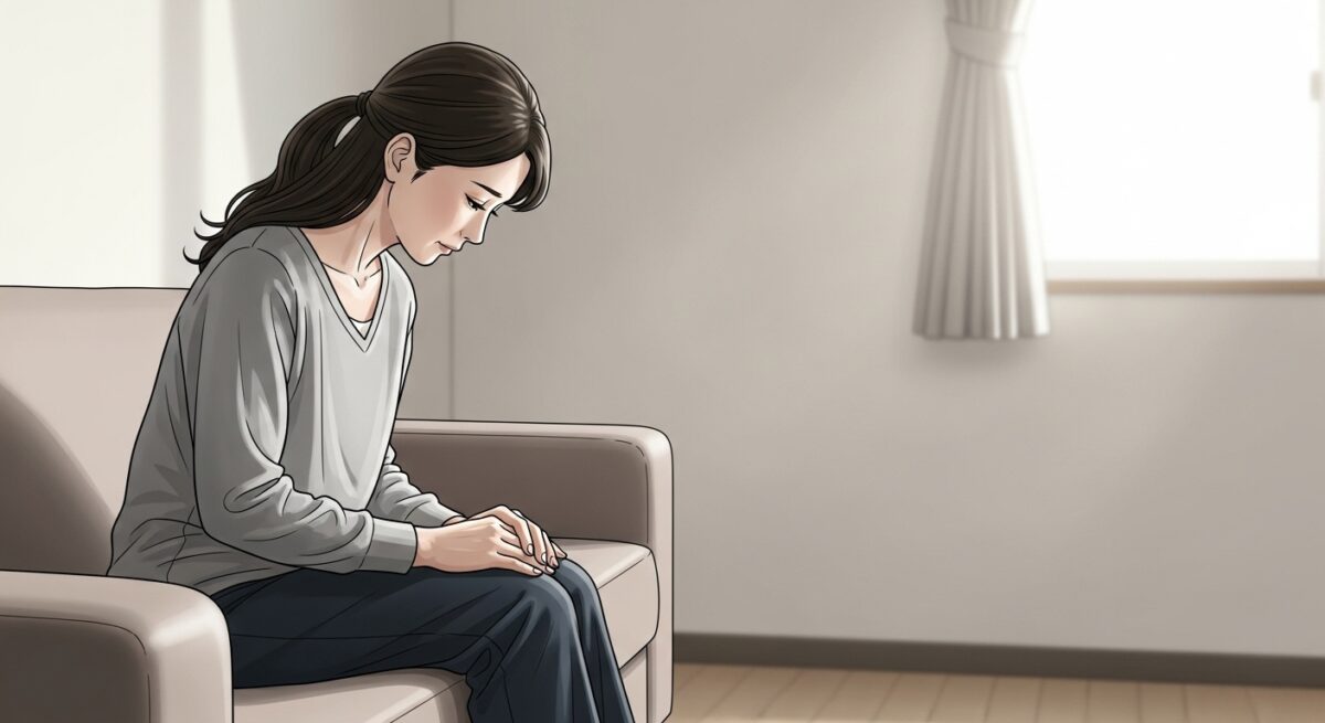喧嘩別れの後に感情を抱えて思い悩む日本人女性が、静かな部屋で一人座って考え込んでいる様子