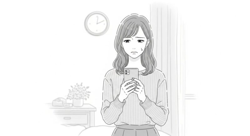 感情が入り混じった表情でスマホを見つめる日本人女性の姿