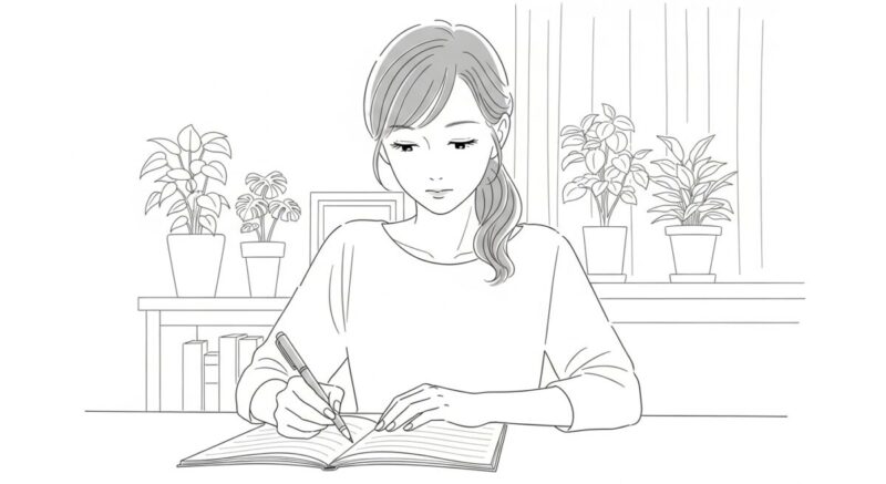 ノートに感情を書き出している日本人女性が静かに自分と向き合っている様子