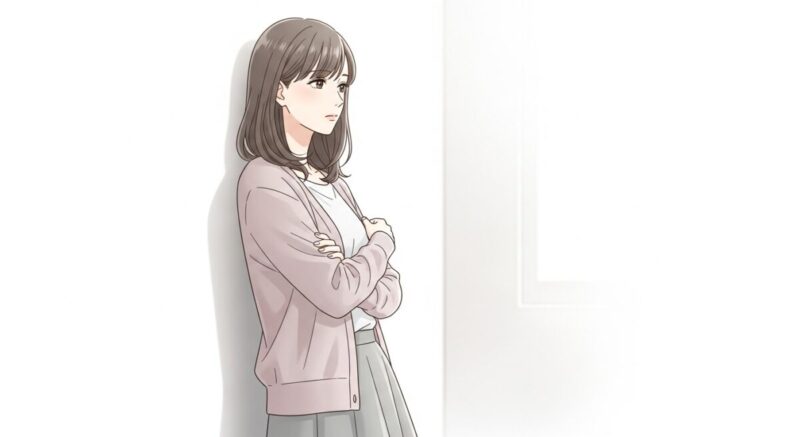 壁に寄りかかりながら遠くを見つめ、感情の渦にいるような表情の日本人女性