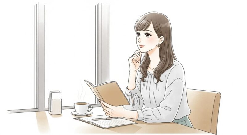 カフェで穏やかに思案する日本人女性、ノートと飲み物を前に置いている