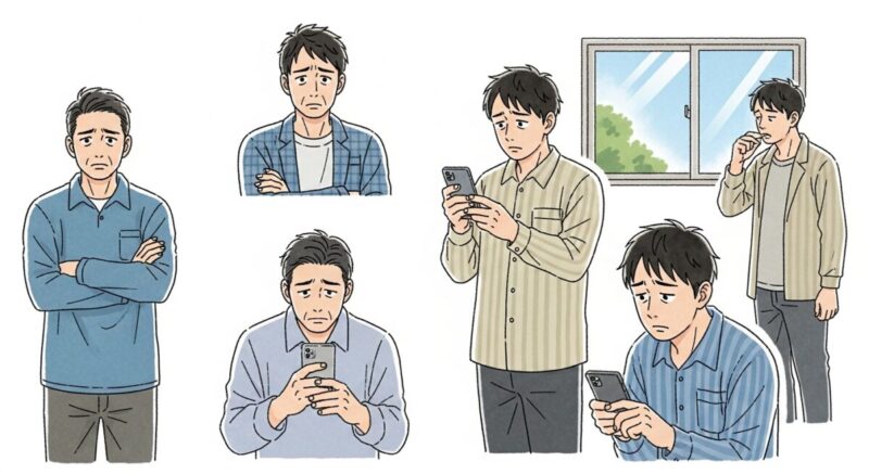 性格タイプ別に異なる男性たちの後悔の表情を描いたイラスト