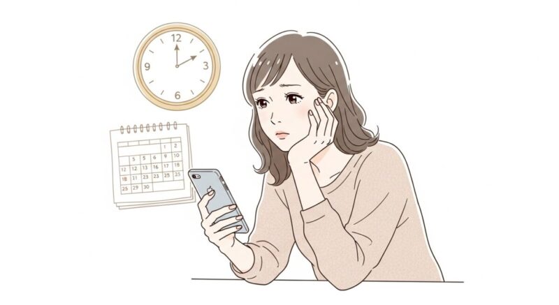 女性がスマホを前に置いて、連絡のタイミングを迷っている様子のイラスト