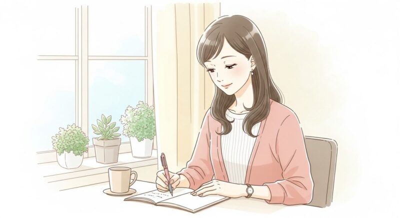 女性がノートに思いを書きながら、自分の気持ちと向き合っているイラスト