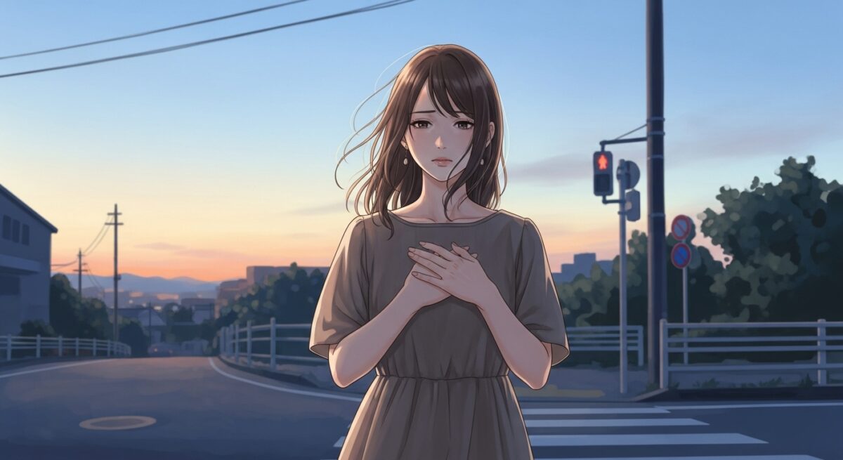 過去を振り返りながらも、前を向いて歩き出そうとする日本人女性が、静かな夕暮れの街角で立ち止まり、胸元をそっと押さえている様子。落ち着いた色調の繊細なイラスト。