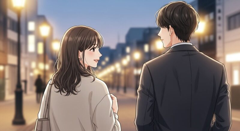 並んで歩く男女の後ろ姿。女性は少し笑顔で相手の方に顔を向けている。柔らかな街の光が二人を包む。