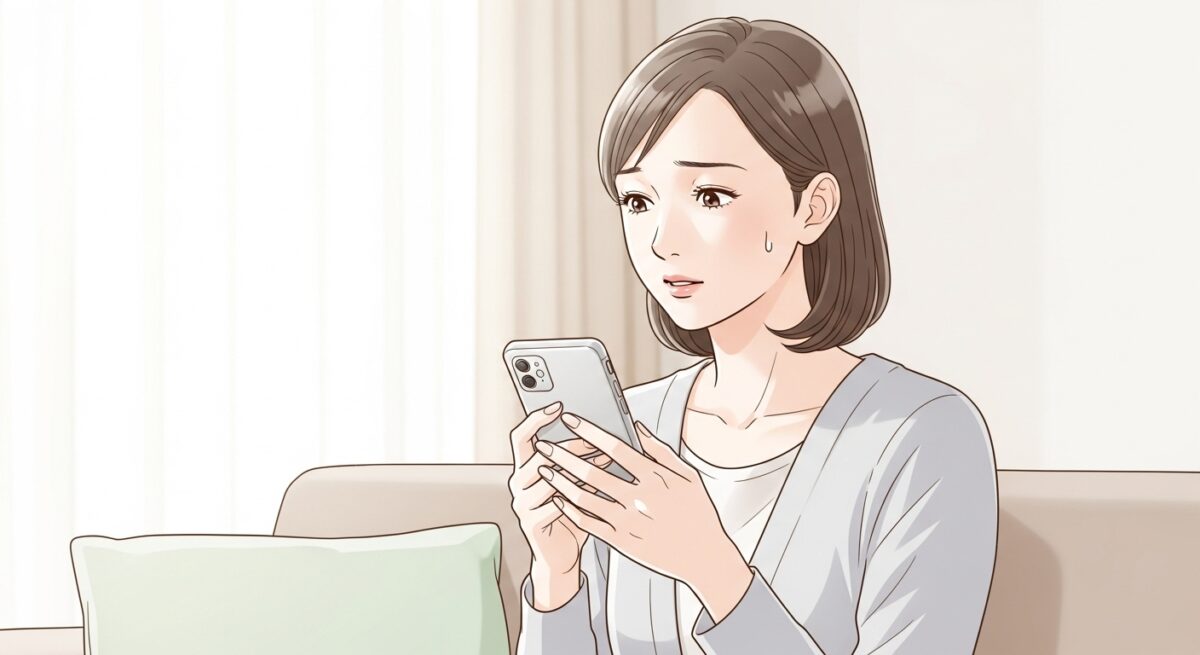 スマホを手にしながら深呼吸する女性が静かにLINEを見つめている繊細なイラスト