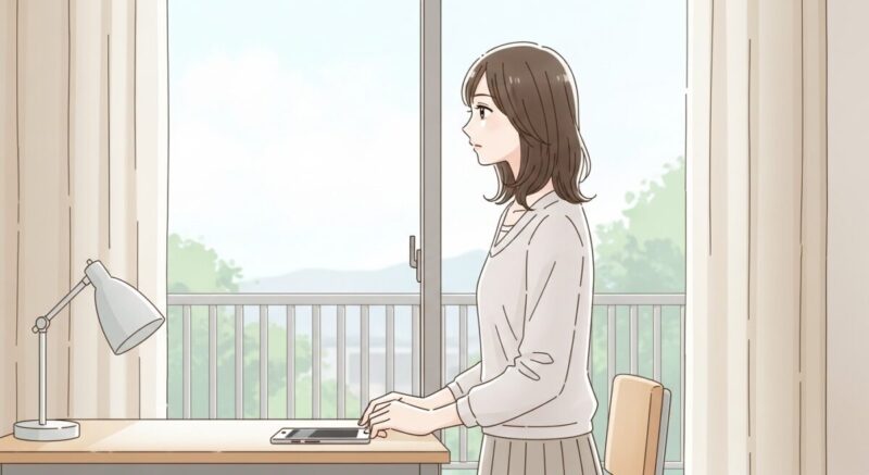 スマホを机に置いて距離を取る女性が、ベランダ越しに空を見つめている様子のイラスト