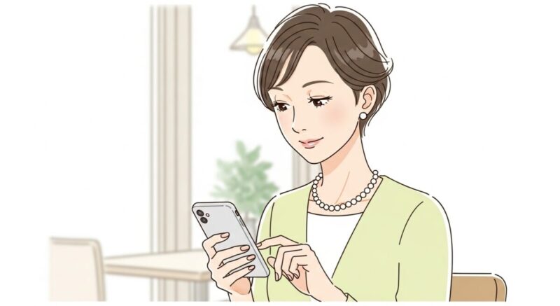 スマホ画面を見つめながら、短く一言を打ち込む様子の日本人女性のイラスト
