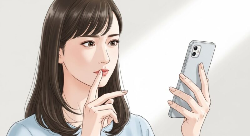スマホを手にしたまま、送信をためらっている表情の女性のイラスト