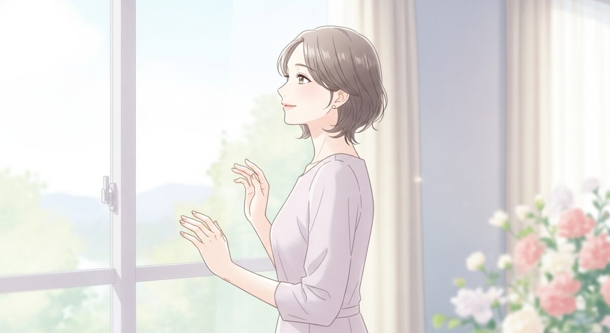窓辺で静かに遠くを見つめる、大人の日本人女性の繊細なイラスト